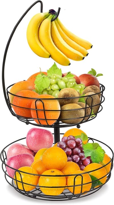 Famanu – Fruitmand 2 verdiepingen met bananenhouder – metalen fruitschaal (zwart)