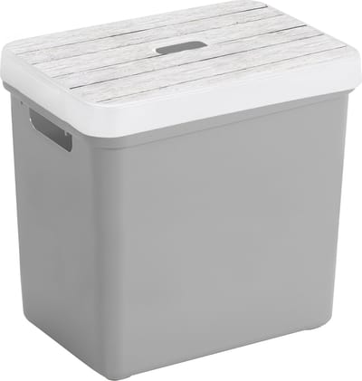 Sunware Opbergbox - mand - lichtgrijs - 25 Liter - kunststof - met houtkleur deksel - opslag kist - 35 x 25 x 36 cm