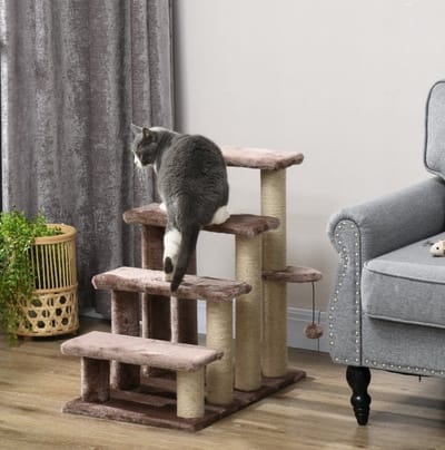 MEUNIQ Krabpaal met 4 niveaus 60 x 40 x 64 cm, huisdiertrap en kattenkrabmeubel met jute kraboppervlak, pluche plateaus en speeltje, bruin