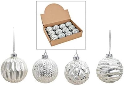 Famanu – Set van 12 luxe glazen kerstballen - Ø 8 cm - wit en zilver - ideaal voor kerstboomversiering - feestelijke decoratie - duurzaam glas en gemakkelijk op te hangen aan takken of haken