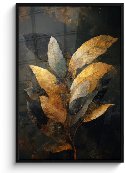 Poster in lijst - Fotolijst 80x120 cm - Posters - Gouden Bladcompositie – Botanische Luxe - Posterlijst zwart - Decoratie - Wanddecoratie woonkamer - Muurdecoratie slaapkamer