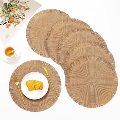 KZQ Ronde Placemat Set van 6 Lichtbruin 38 cm Geweven Papier Boho Stijl Geschikt voor Eettafel Bruiloft Kerst Thanksgiving en Feestdagen