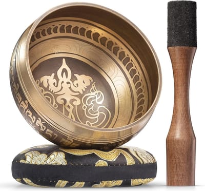 Tibetaanse Klankschaal Set - Bronzen Mantra Design voor Chakra Healing en Mindfulness – Compleet met Hamer en Kussentje - Perfect Geschenk voor Harmonie en Ontspanning