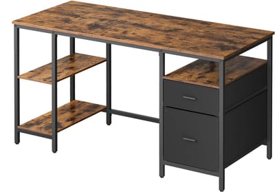 Industrieel computerbureau Schrijftafel Bureau 60x140x76cm Vintagebruin+Mat Zwart Met verstelbare poten 3 planken en 2 lades Stevig duurzaam metalen frame Eenvoudig te monteren Geschikt voor thuiskantoor en studeerkamer