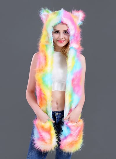 KIMU® Hood Tie Dye Regenboog Wolf Wit - Gekleurde Beer Muts met Sjaal Wanten Oortjes - Neon Regenboog Gevlekte Bontmuts Rainbow Gekleurd Flappen Bont Capuchonmuts Spirit Festival