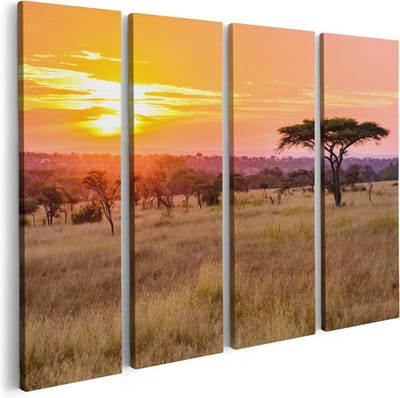 Artaza Canvas Schilderij Vierluik Zonsondergang In De Savanne - 80x60 - Foto Op Canvas - Canvas Print