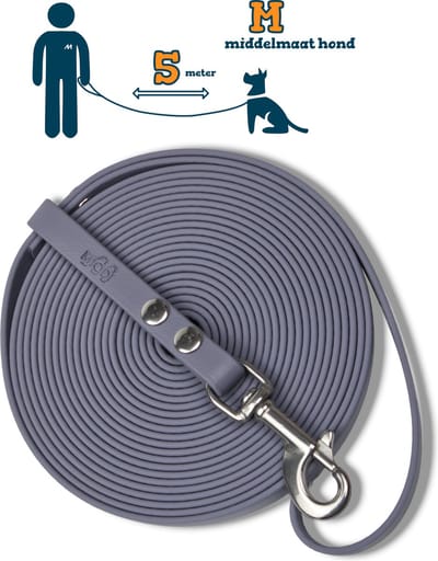 Miqdi lange lijn - BioThane® - grijs - 5 meter lang – 13mm breed – M – middelmaat hond – lange hondenriem