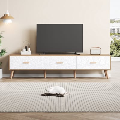 DESMIU Tv-Meubel - Retro Ontwerp Met Drie Laden En Opbergruimte - Voor Woonkamer En Slaapkamer - Spaanplaat In Wit En Hout - 150x39x35 Cm