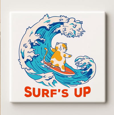 Surf’s Up Grappige Kat Tegel 15x15cm – Leuke Surfen Wanddecoratie, Speelse Stranddecoratie, Perfect Cadeau voor Katten- en Zee Liefhebbers
