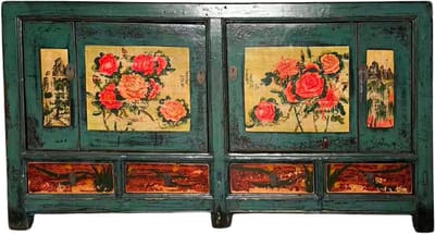 Fine Asianliving Antieke Chinese Dressoir Handgeschilderd Pioenrozen B171xD40xH87cm Chinese Meubels Oosterse Kast