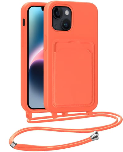 Hoesje Geschikt voor iPhone 13 Telefoonhoesje Met Koord Case Pashouder Siliconen - Hoes Geschikt voor iPhone 13 Hoesje Met Kaarthouder - Papaya