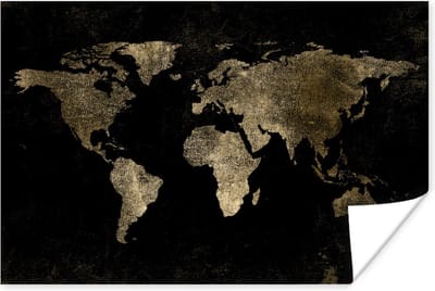 Poster Wereldkaart - Zwart - Goud - 30x20 cm