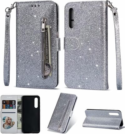Portemonnee Hoesje - Wallet Case - Rits Sparkly Glitter - Telefoonhoes met Kord Geschikt voor: Samsung Galaxy A01 - Zilver