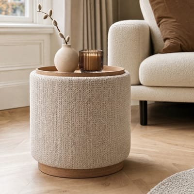 DÉJA Living Bijzettafel Marcia Beige/Naturel – Rond – Met Opbergruimte – Chenille en Essenfineer – 40x40x44 cm