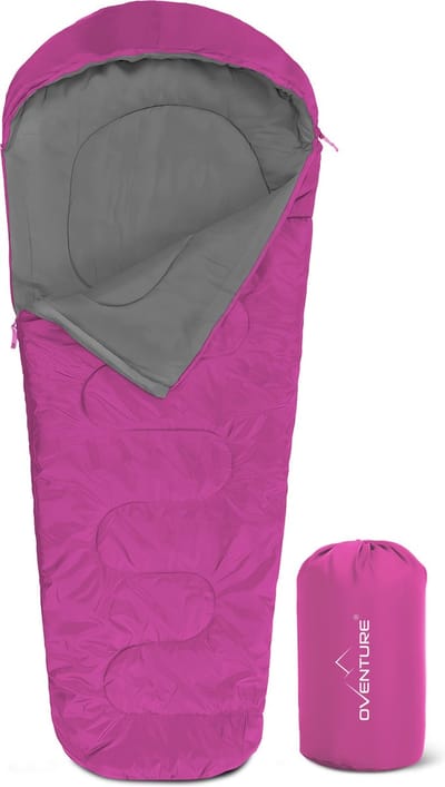 Oventure SleepPlus slaapzak | 230 x 80 cm | Mummy slaapzak | 3-seizoenen | Comfortabel tot 6 °C | Voor kamperen, backpacken en festivals | Lichtgewicht en compact | Slaapzak met capuchon | Inclusief draagtas | Roze