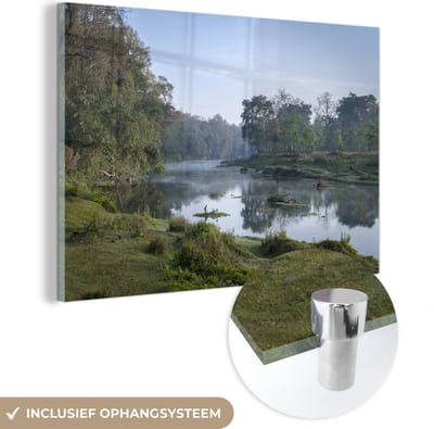 ® Glasschilderij 180x120 cm - Schilderij acrylglas - Zonsopgang bij de rivier in het Nationaal park Chitwan in Nepal - Foto op glas - Muurdecoratie woonkamer - Wanddecoratie slaapkamer - Schilderijen