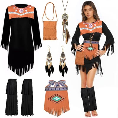Vrouwelijk Indiaans kostuum in zwart met jurk, tas, hoofdband, beenkleding, riem, verenketting en oorbellen, perfect voor carnaval of themafeesten