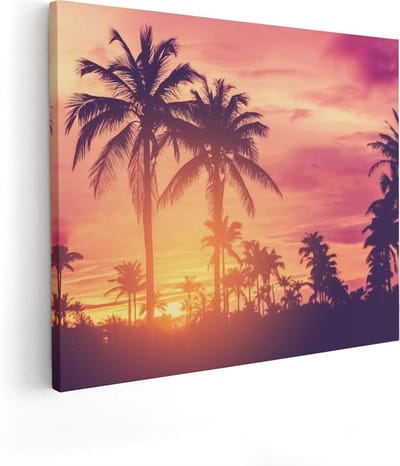 Artaza Canvas Schilderij Zonsondergang Strand - 50x40 cm - Wanddecoratie Palmboom - Muurdecoratie Zee - Kamer Accessoires