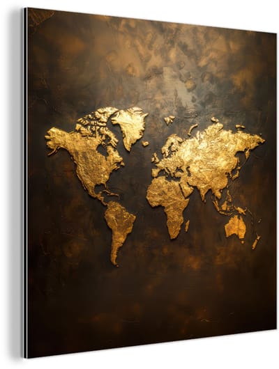 Aluminium schilderij 90x90 cm - Wanddecoratie metaal - Wereldkaart - Goud - Roest - Metalen muurdecoratie woonkamer - Decoratie industrieel - Foto op dibond - Industriële accessoires slaapkamer