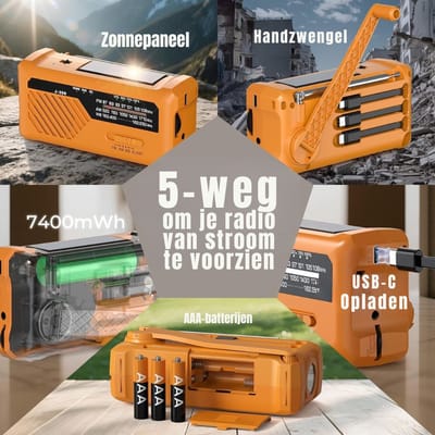 Aura® Noodradio Solar Opwindbaar – Noodpakket 8000mAh – Draagbare Survival Radio – Opwindbare Radio Met LED-leeslamp - FM Radio- Oranje –‎7x 6x 15cm; 310 g