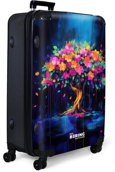 NoBoringSuitcases.com® - Koffer groot - Reiskoffer lichtgewicht - Boom met neonbloemen op donkerblauw - Rolkoffer met 4 wielen - Grote trolley XL - 98 liter bagage
