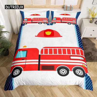 Brandweerwagen Dekbedovertrek Set Eenpersoons Maat Rood Brandweermannen Auto Voertuig Beddengoed Set Brandweerwagen Patroon voor Jongens Bandenprint Quiltovertrek AU Single(140x210cm)