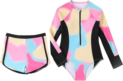 Meisjes Tweedelige Badset met Lange Mouwen Rashguard en Shorts voor 8-13 Jaar, Ideaal voor Zomer en Zwemmen