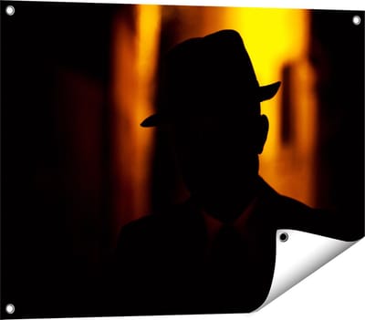 Gards Tuinposter Silhouet van een Man met een Hoed - 80x60 cm - Tuindoek - Tuindecoratie - Wanddecoratie buiten - Tuinschilderij