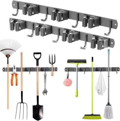 Allecto plus - Wandgemonteerde bezemhouder met 7 houders en 7 haken voor thuis - Roestvrijstalen apparaathouder - Wandgemonteerde opbergoplossing voor keuken, badkamer, garage, tuin (grijs)