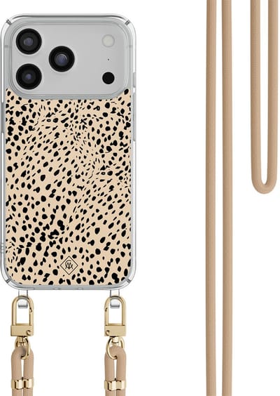Casimoda® hoesje met beige koord - Geschikt voor iPhone 17 Pro Max - Stippen bruin abstract - Afneembaar koord - TPU/polycarbonaat - Bruin/beige