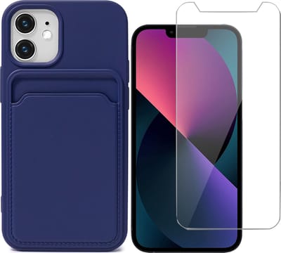 Hoesje geschikt voor iPhone 12 / 12 Pro Pasjeshouder Blauw - Siliconen Case Back Cover + Screenprotector Glas