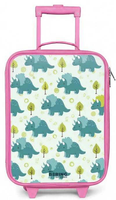 NoBoringSuitcases.com® - Kinderkoffer roze - Kindertrolley meisje - Triceratopsen tussen boompjes - Koffer kind lichtgewicht - Reiskoffer trolley voor kinderen - Koffertje met lichtgevende wieltjes - Rolkoffer