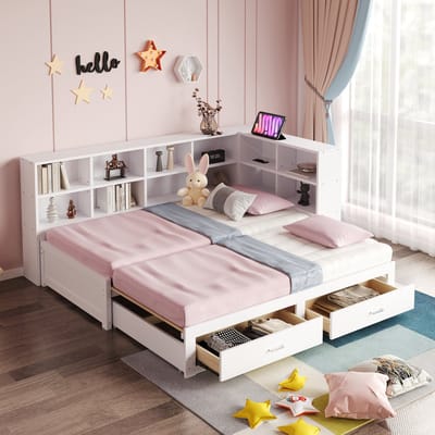 MODFU – Multifunctioneel Uitschuifbaar Bed – 90/180x190 cm – Opbergruimte & Stopcontact – Modern – Hout – Wit