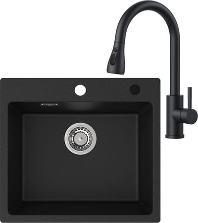 CECIPA max Spoelbak Met Kraangat 50x45cm - Granieten Spoelbakken Keuken Met Keukenkraan met Uittrekbare Uitloop - Enkele spoelbak - Spoelbakken met afdruip - Antraciet