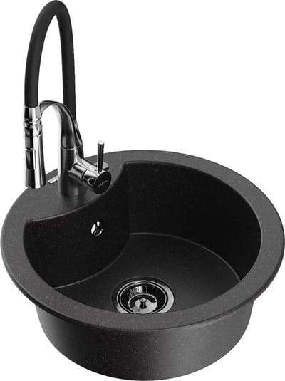 Mexen Diego granieten spoelbak 1-komers met keukenmengkraan Aster, zwart/zilver metallic - 6512-73-73450-07-B