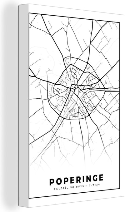 Canvas Schilderij België – Poperinge – Stadskaart – Kaart – Zwart Wit – Plattegrond - 20x30 cm - Wanddecoratie