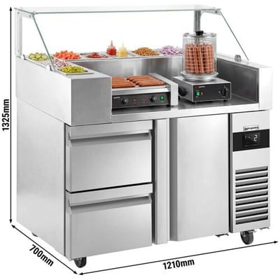 GGM Gastro Zubereitungstisch - 1210mm - 1 Tür & 2 Schubladen - für 9x GN 1/6 - inkl. Würstchengrill / Hot Dog Grill & -wärmer Zilver