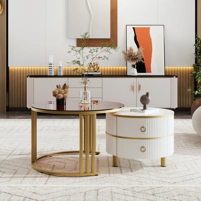 HAUSS SPOLE Salontafel - 2-in-1 Rond MDF Set Met Glanzende Glasplaat En 2 Laden - Functioneel Voor Woonkamer - 70x70+50x50 cm - MDF + Plastic + Glas + Metaal - Wit, Bruin