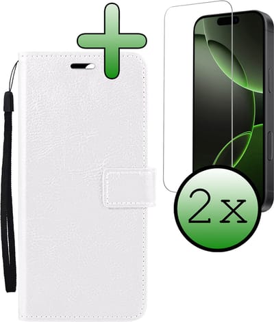 Hoesje Met 2x Screenprotector - Geschikt voor Apple iPhone 16 Pro - Luxe Pasjeshouder - Bookcase Portemonee - Flip Case - Kunstleer Book Case - Flipcase Hoes - Book Cover - Walletcase - Portemonneehoes - Wit