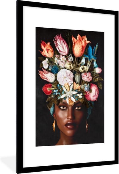 Fotolijst incl. Poster - Vrouw - Bloemen - Kleurrijk - 60x90 cm - Posterlijst