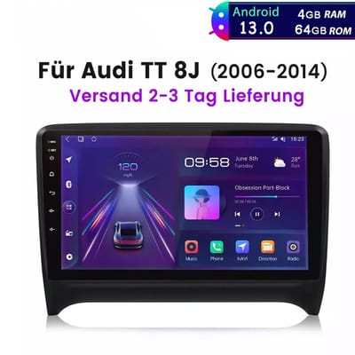 Autoradio-9 inch Android 15 auto GPS RDS stereo 2GB+64GB voor Audi TT MK2 (2006 - 2014) | Ondersteunt CarPlay/Android Auto, DAB+, stuurwielbediening en Mirror Link