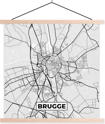 Posterhanger incl. Poster 40x40 cm - Schoolplaat - België – Brugge – Stadskaart – Kaart – Zwart Wit – Plattegrond - Textielposter - Blanke latten - Stadskaart