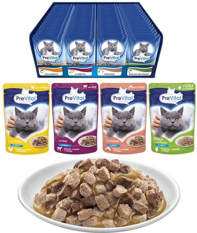 Prevital - Natvoer voor volwassen katten - Kip, Kalfsvlees & Zalm - Hoog vlees- & visgehalte - Volledige voeding - Mix