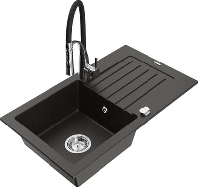 Mexen Pablo granieten spoelbak 1-kompartment met afdruiprek en keukenmengkraan Aster, zwart/goud metallic - 6510-75-73450-07