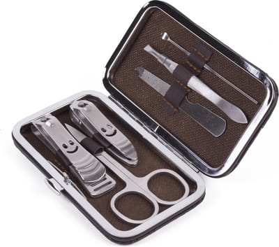 Manicure Set - Nagelset - 6 Delig - RVS - Hoogwaardige Kwaliteit - Vakantie - Reis -Etui - Bruin