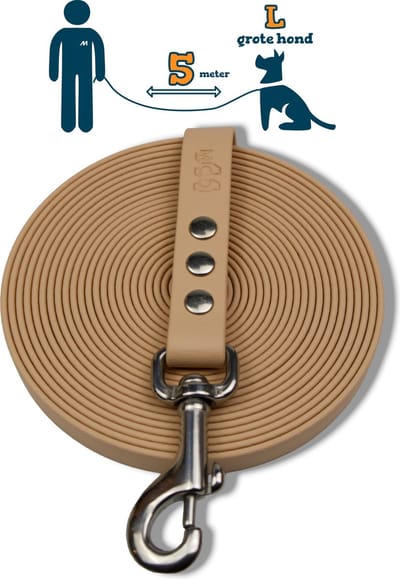 Miqdi BioThane® Sleeplijn 5 meter – zonder handvat – L/XL (19 mm) – creme – waterdicht & sterk