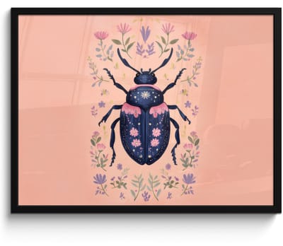 Poster in lijst - Fotolijst 80x60 cm - Posters - Kever - Donkerblauw - Bloemen - Sierlijk - Posterlijst zwart - Decoratie - Wanddecoratie woonkamer - Muurdecoratie slaapkamer