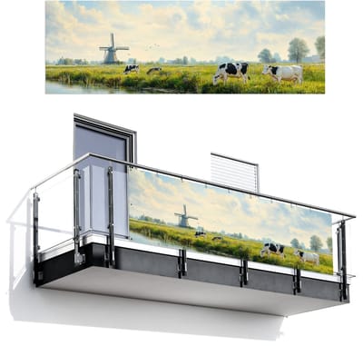 Balkonscherm 300x100 cm - Balkonposter Koeien - Windmolen - Weide - Blauw - Balkon scherm decoratie - Balkonschermen - Balkondoek zonnescherm