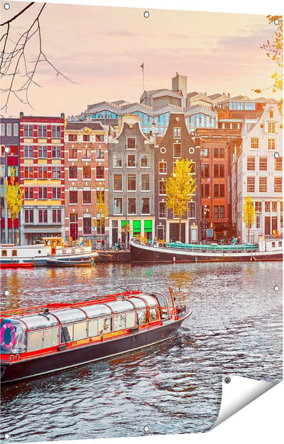Gards Tuinposter Amsterdamse Huisjes vanaf de Grachten - 90x120 cm - Tuindoek - Tuindecoratie - Wanddecoratie buiten - Tuinschilderij