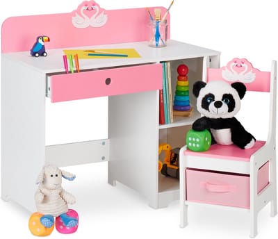 kinderbureau en stoel - lade - met opbergruimte - zwaan - kindertafel - roze-wit
